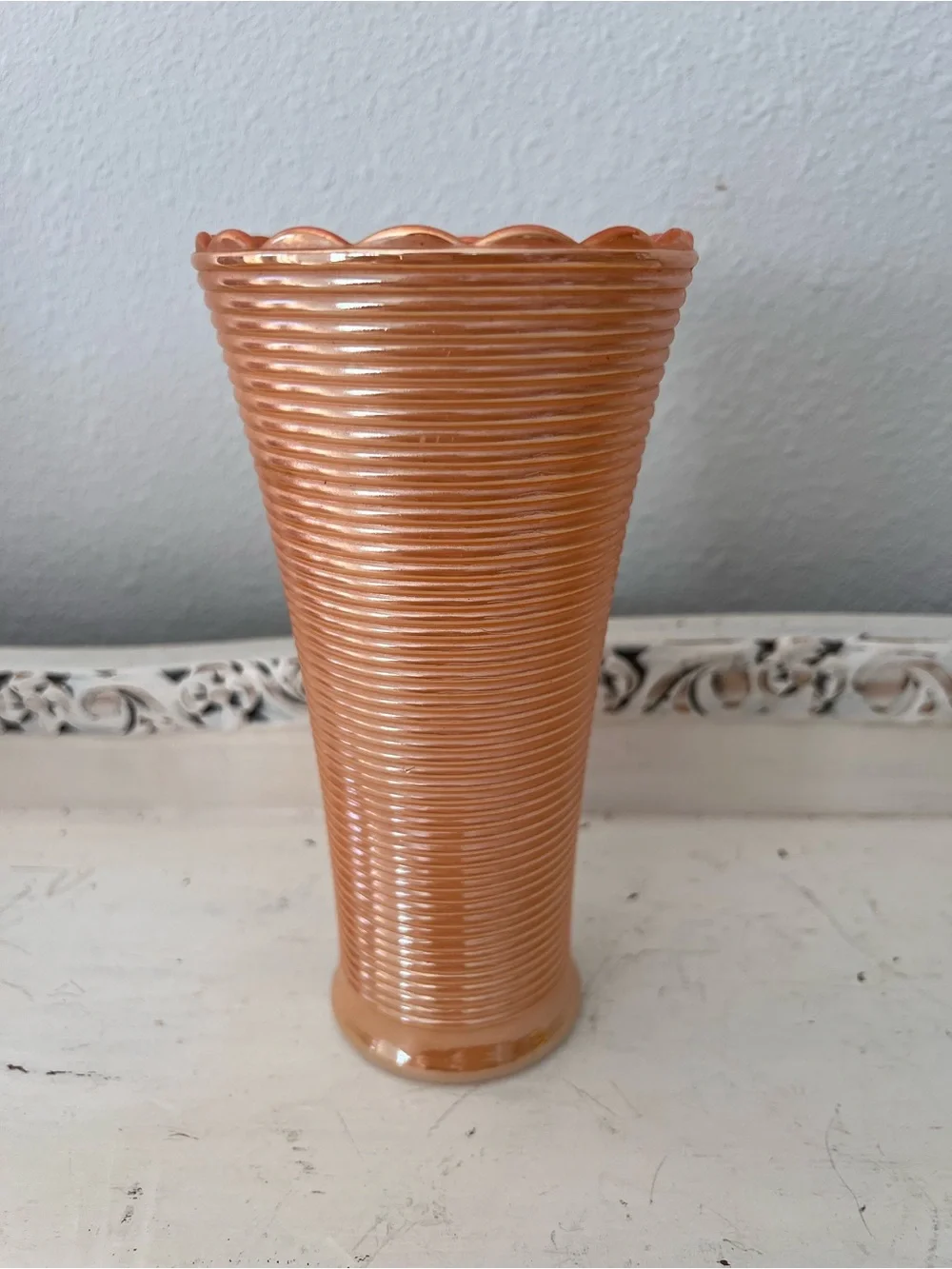 Vintage Ribbed Peach Lusterware Vase